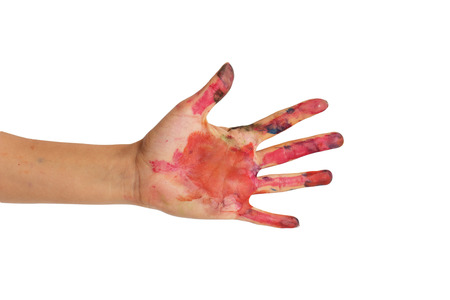 hand in watercolor paint on white の写真素材
