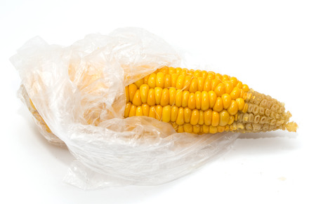 Corn on the package on a white backgroundの写真素材
