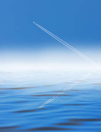 trace of the aircraft in the sky with reflection on water
