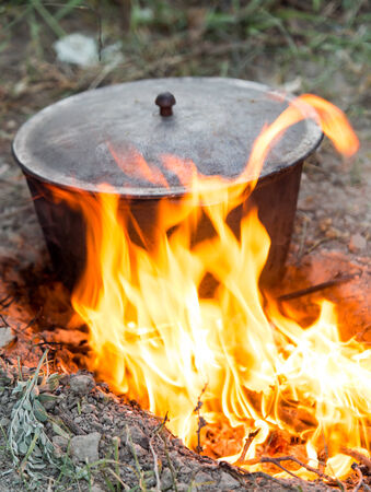 cauldron on the fire on the natureの写真素材