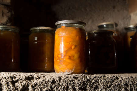 old bank with jam in the basement in the darkの写真素材