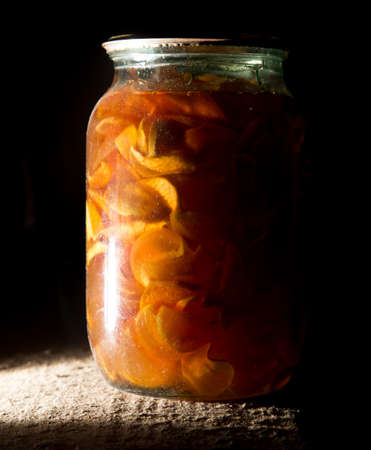 old bank with jam in the basement in the darkの写真素材