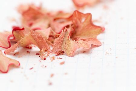 pencil shavings on white paper. close