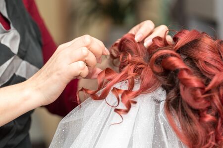 Wedding hairstyles with veil in the beauty salonの写真素材