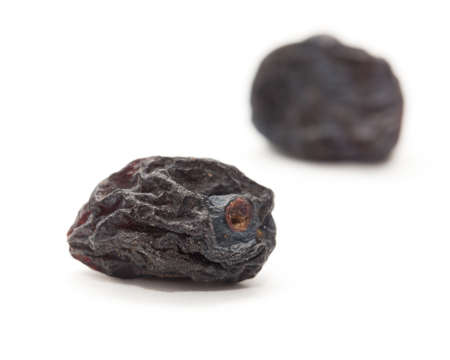 Black raisins on a white background. macroの写真素材