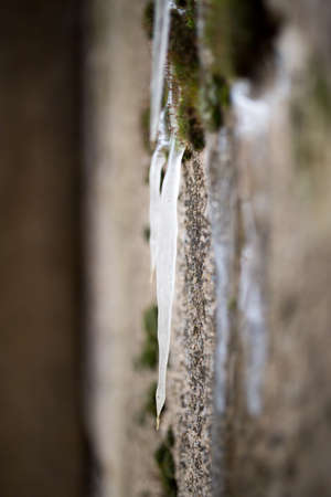 ice icicles on concrete in natureの写真素材