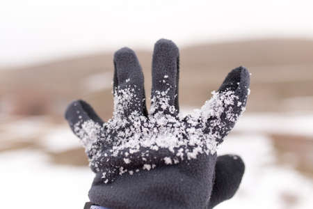 snow on the mitten on the hand