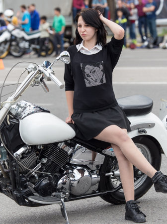 Shymkent, KAZAKHSTAN - April 23, 2016: woman on a bike at the opening of bike season in Shymkent, 23 April 2016のeditorial素材