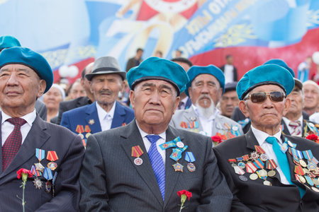 SHYMKENT city, KAZAKHSTAN MAY 9, 2015: Veterans of War. Victory Day. The memory of soldiers of the Great Patriotic War. Victory Day celebration in the city of Shymkent, Kazakhstan May 9, 2015のeditorial素材