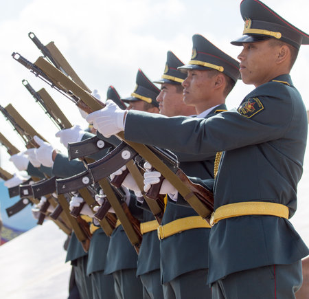 SHYMKENT city, KAZAKHSTAN MAY 9, 2015: Statement by the military, the Victory Day, in memory of the soldiers of the Great Patriotic War. Victory Day celebration in the city of Shymkent, Kazakhstan May 9, 2015のeditorial素材