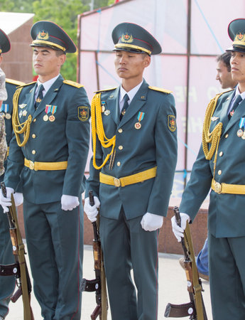 SHYMKENT city, KAZAKHSTAN MAY 9, 2015: Statement by the military, the Victory Day, in memory of the...