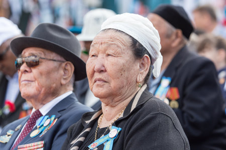 SHYMKENT city, KAZAKHSTAN MAY 9, 2015: Veterans of War. Victory Day. The memory of soldiers of the Great Patriotic War. Victory Day celebration in the city of Shymkent, Kazakhstan May 9, 2015のeditorial素材