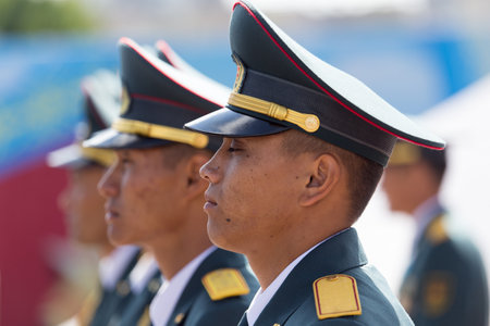 SHYMKENT city, KAZAKHSTAN MAY 9, 2015: Statement by the military, the Victory Day, in memory of the soldiers of the Great Patriotic War. Victory Day celebration in the city of Shymkent, Kazakhstan May 9, 2015のeditorial素材