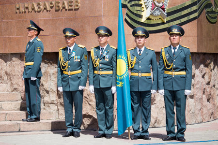 Shymkent, KAZAKHSTAN May 8, 2016: Soldiers of the Kazakh Army .Den Victory in memory of the soldiers of the Great Patriotic War. Victory Day celebration in the city of Shymkent, Kazakhstan, May 8, 2016のeditorial素材