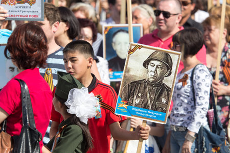 Shymkent, KAZAKHSTAN May 8, 2016: Immortal regiment .Den Victory in memory of the soldiers of the Great Patriotic War. Victory Day celebration in the city of Shymkent, Kazakhstan, May 8, 2016のeditorial素材