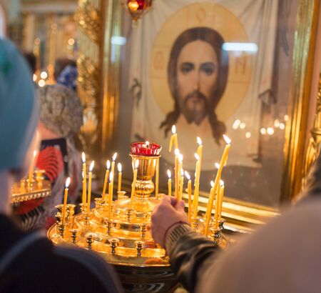 candles burning in orthodox churchの写真素材