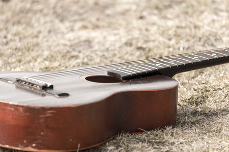 Guitar lying on the grass on the natureの写真素材