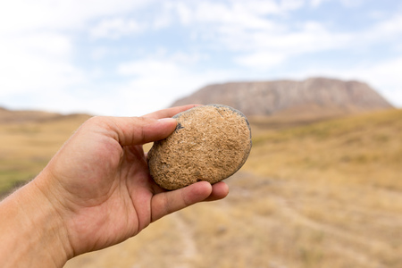 stone in hand on natureの写真素材