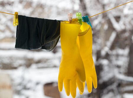 yellow gloves dryingの写真素材