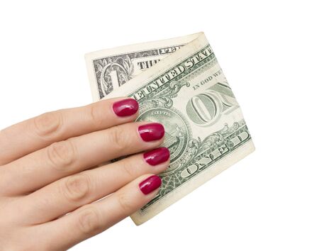 one dollar in the hand of the girl on a white background