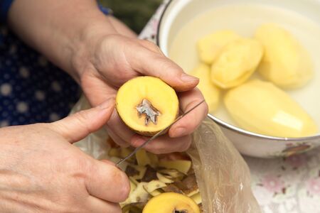 chef peeling potatoesの写真素材