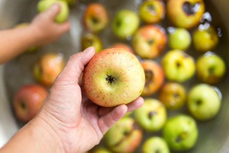 apple in a man's handの写真素材