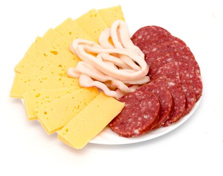 sausage and cheese on a white backgroundの写真素材