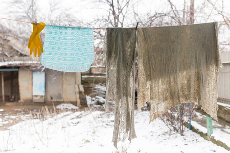 cloth drying on ropeの写真素材