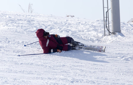 Shymkent, KAZAKHSTAN - February 5, 2017: A man skiing on ski resort Tausamalyのeditorial素材