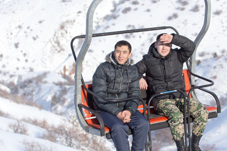 Shymkent, KAZAKHSTAN - February 5, 2017: People in the ski resort Tausamalyのeditorial素材
