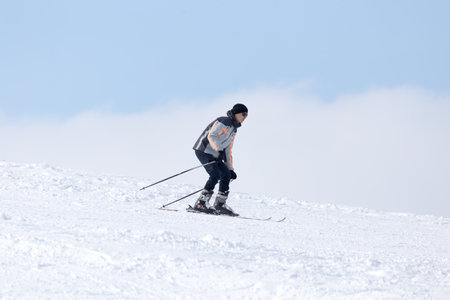 Shymkent, KAZAKHSTAN - February 5, 2017: A man skiing on ski resort Tausamalyのeditorial素材