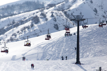 Shymkent, KAZAKHSTAN - February 5, 2017: People in the ski resort Tausamalyのeditorial素材