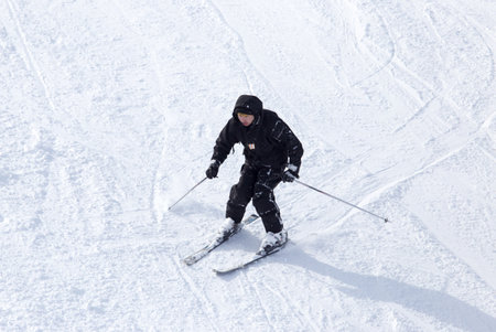 Shymkent, KAZAKHSTAN - February 5, 2017: A man skiing on ski resort Tausamalyのeditorial素材