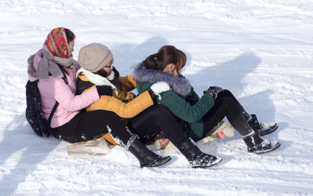 Shymkent, KAZAKHSTAN - February 5, 2017: People in the ski resort Tausamalyのeditorial素材