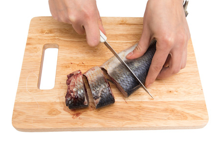 preparation of herring on a board on a white backgroundの写真素材