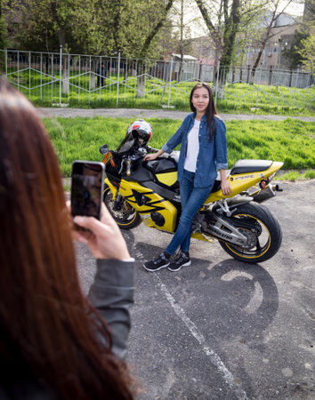 Shymkent, KAZAKHSTAN - March 15, 2017: Girls at the opening of the biker season in Shymkentのeditorial素材