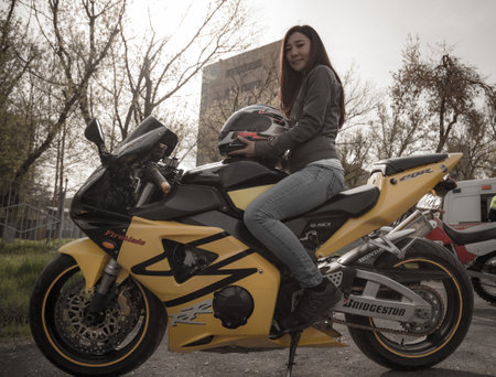 Shymkent, KAZAKHSTAN - March 15, 2017: Girls at the opening of the biker season in Shymkentのeditorial素材
