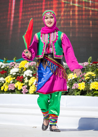 Shymkent, KAZAKHSTAN - May 1, 2017: People in national costumes on the Day of Unity of the People of Kazakhstan.のeditorial素材