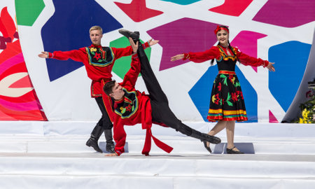 Shymkent, KAZAKHSTAN - May 1, 2017: People in national costumes on the Day of Unity of the People of Kazakhstan.のeditorial素材