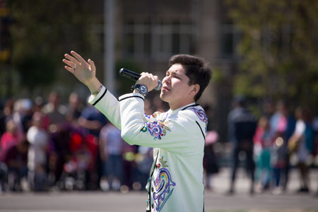 Shymkent, KAZAKHSTAN - May 1, 2017: People in national costumes on the Day of Unity of the People of Kazakhstan.のeditorial素材