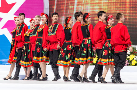 Shymkent, KAZAKHSTAN - May 1, 2017: People in national costumes on the Day of Unity of the People of Kazakhstan.のeditorial素材