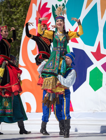 Shymkent, KAZAKHSTAN - May 1, 2017: People in national costumes on the Day of Unity of the People of Kazakhstan.のeditorial素材