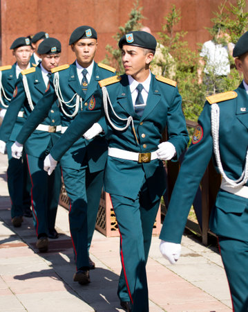 Shymkent, KAZAKHSTAN - May 9, 2017: Military soldiers on the Victory Day of the Red Army and Soviet...