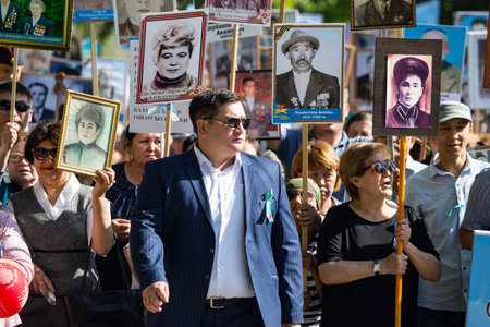 Shymkent, KAZAKHSTAN - May 9, 2017: Immortal regiment. Folk festivals of people. The feast of the victory of the Red Army and Soviet people in the Great Patriotic War of 1941-1945.のeditorial素材