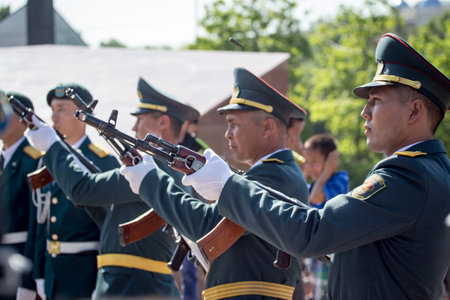 Shymkent, KAZAKHSTAN - May 9, 2017: Military soldiers on the Victory Day of the Red Army and Soviet people in the Great Patriotic War of 1941-1945.のeditorial素材