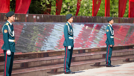 Shymkent, KAZAKHSTAN - May 9, 2017: Military soldiers on the Victory Day of the Red Army and Soviet...