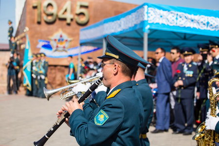Shymkent, KAZAKHSTAN - May 9, 2017: Military musicians on the Victory Day of the Red Army and Soviet people in the Great Patriotic War of 1941-1945.のeditorial素材