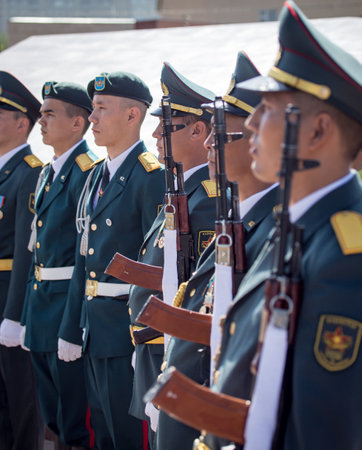 Shymkent, KAZAKHSTAN - May 9, 2017: Military soldiers on the Victory Day of the Red Army and Soviet...