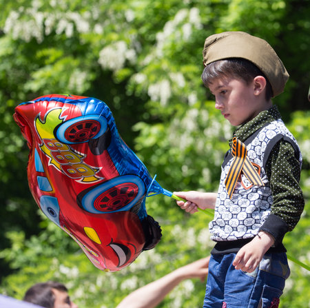 Shymkent, KAZAKHSTAN - May 9, 2017: Boy on the Feast of Victory of the Red Army and Soviet people in the Great Patriotic War of 1941-1945.のeditorial素材