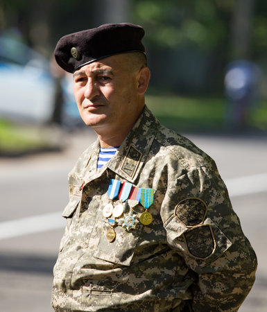 Shymkent, KAZAKHSTAN - May 9, 2017: Military soldier. The feast of the victory of the Red Army and Soviet people in the Great Patriotic War of 1941-1945.のeditorial素材